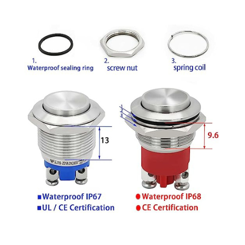 19mm Momentary Push Button Switch Waterproof IP68 5A Stainless Steel High Top 12V/24V/36V DC 120V 250VAC 1NO SPST Used on Car, Ships or at Sea